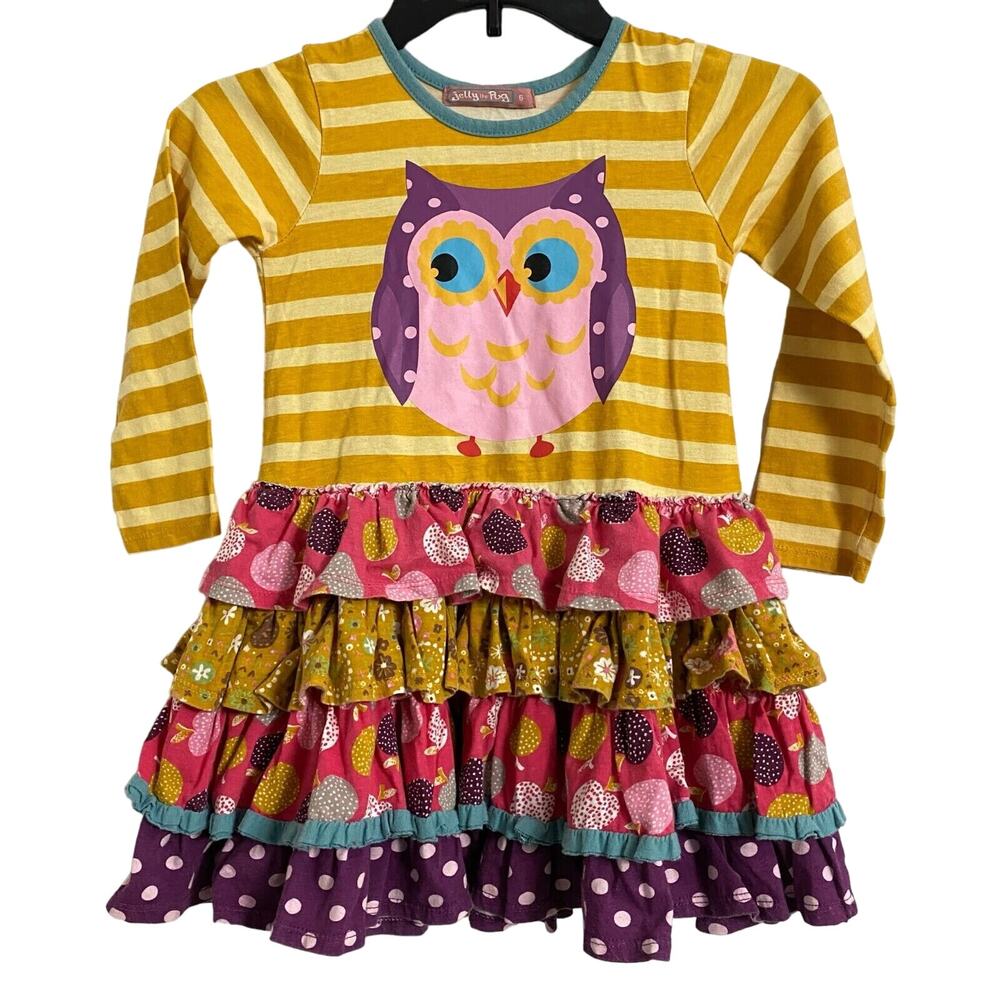 Jelly the Pug Girl Owl Ruffle Dress Stripe Polka Dot Floral Yellow Pink Purple 6